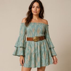 Boho Off Shoulder Smocked BellSleeve Dress – Fern Print Cottagecore Western